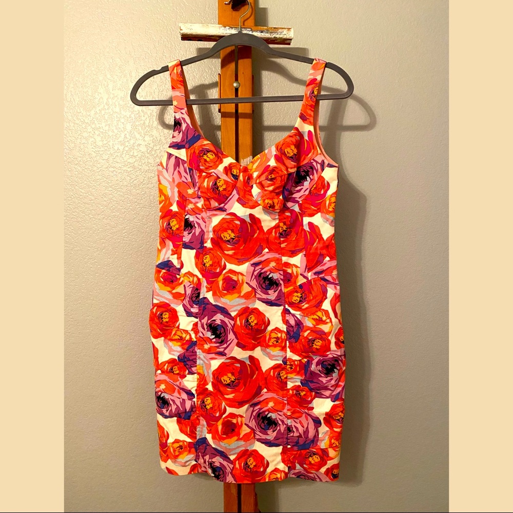 Nanette Lepore Fitted Floral Shift Dress (shades of pink, purple, orange, blue)